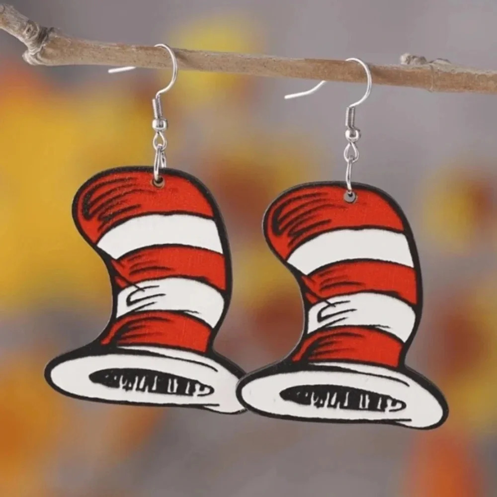 Red white hat Dr Seuss Cat in the Hat dangle drop earrings casual fun costume